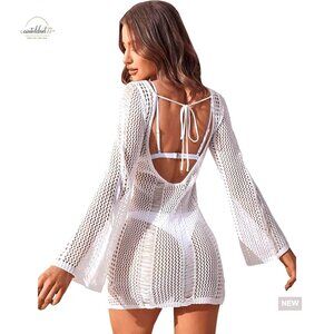 Long Sleeve Crochet Cover Up Sheer Mesh Backless Beach Swimsuit